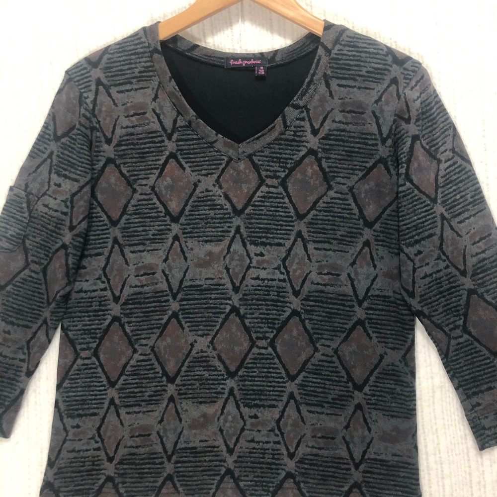 Fresh Produce V-Neck Top Diamond Print 3/4 Sleeve USA Made Gray Women's‎ Size M